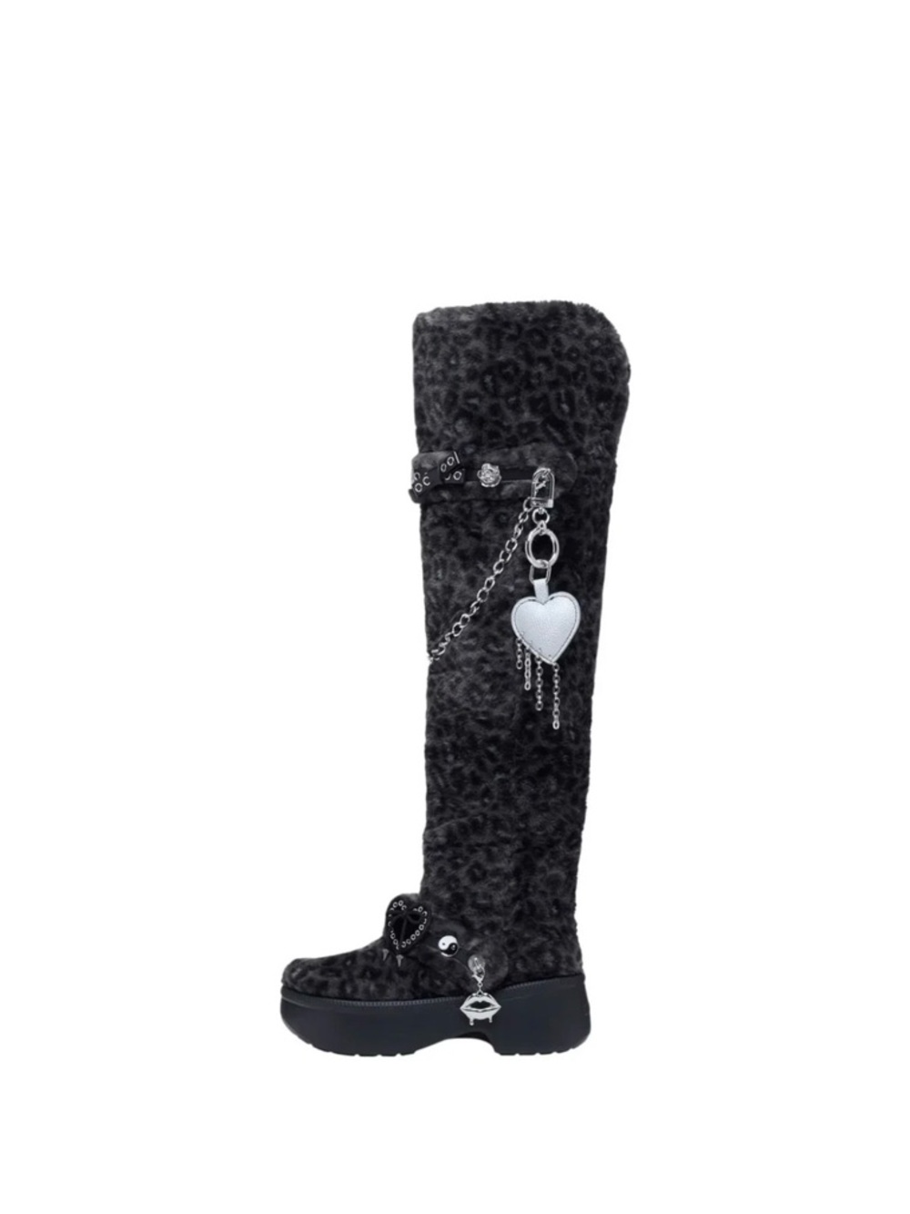 CROCS Black Fuzzy Knee-High Platform Boots with Heart Charm